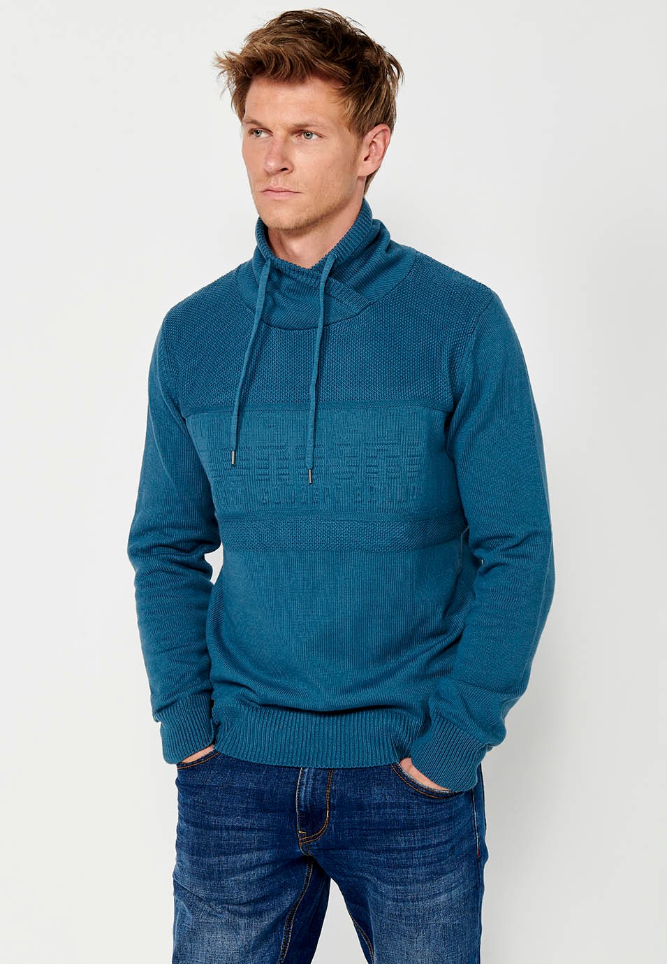 Men's blue long sleeve pullover sweatshirt with adjustable high neck and drawstring and embossed front lettering 2