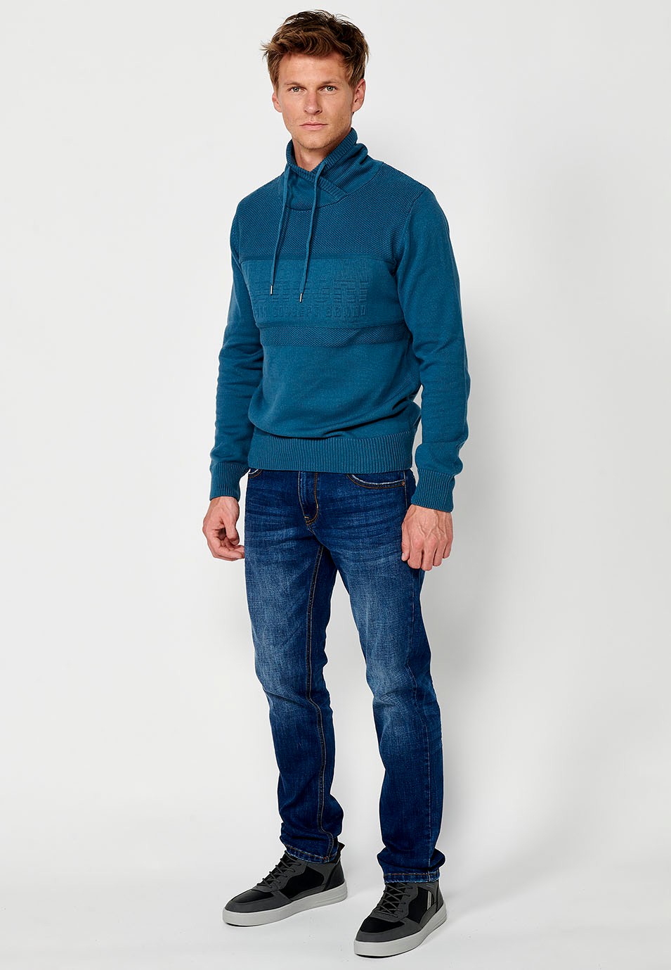 Men's blue long sleeve pullover sweatshirt with adjustable high neck and drawstring and embossed front lettering 5