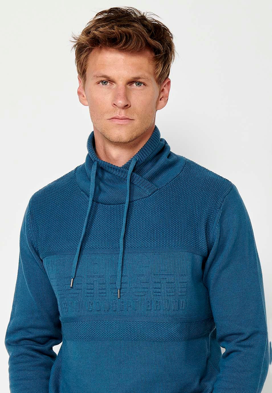 Men's blue long sleeve pullover sweatshirt with adjustable high neck and drawstring and embossed front lettering 1