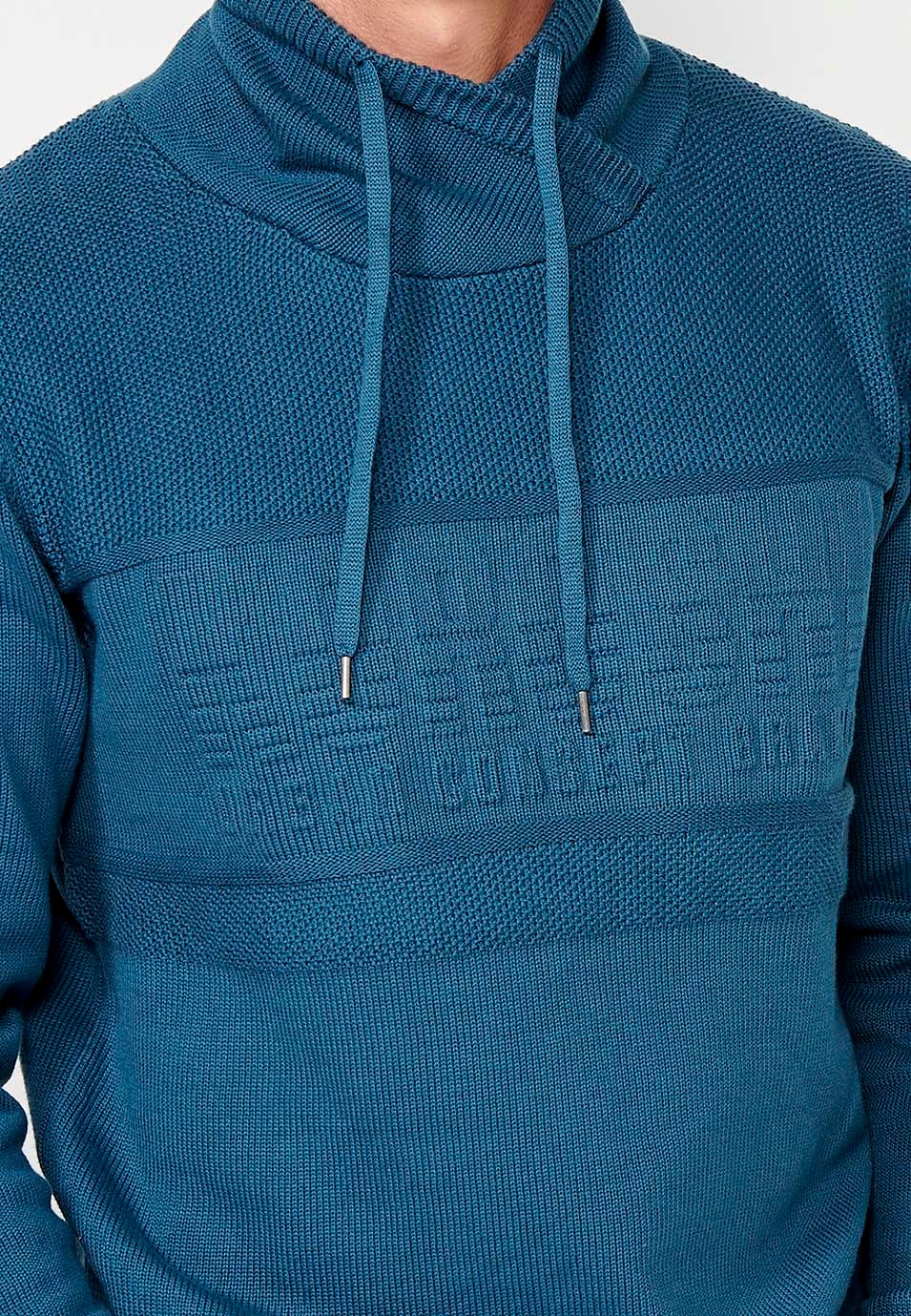 Sweat homme bleu à manches longues, col montant réglable avec cordon de serrage et lettres en relief sur le devant 4