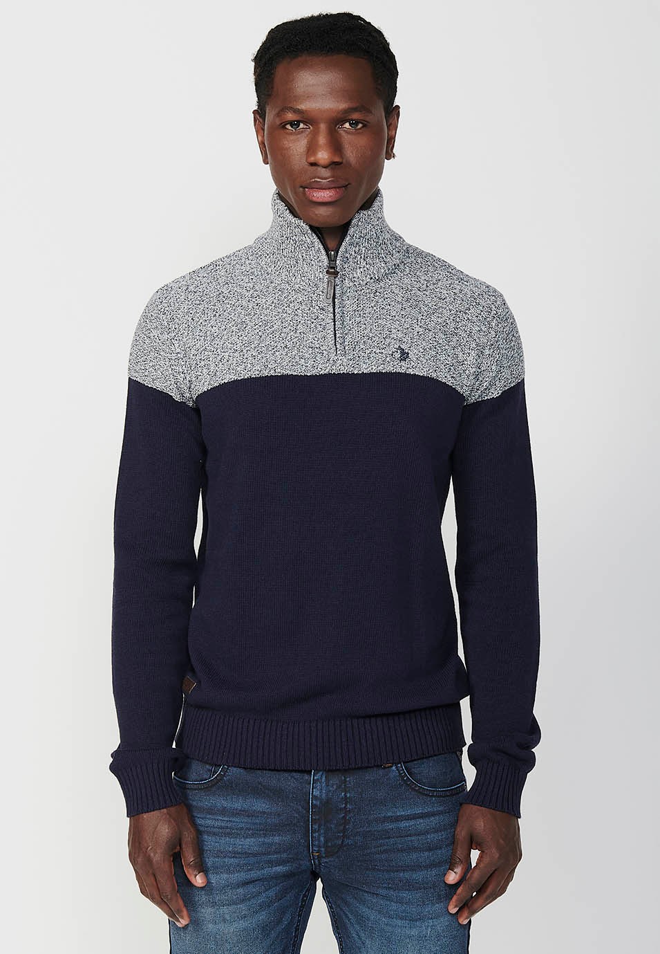 Men's navy two-tone zip-up turtleneck tricot sweater 6