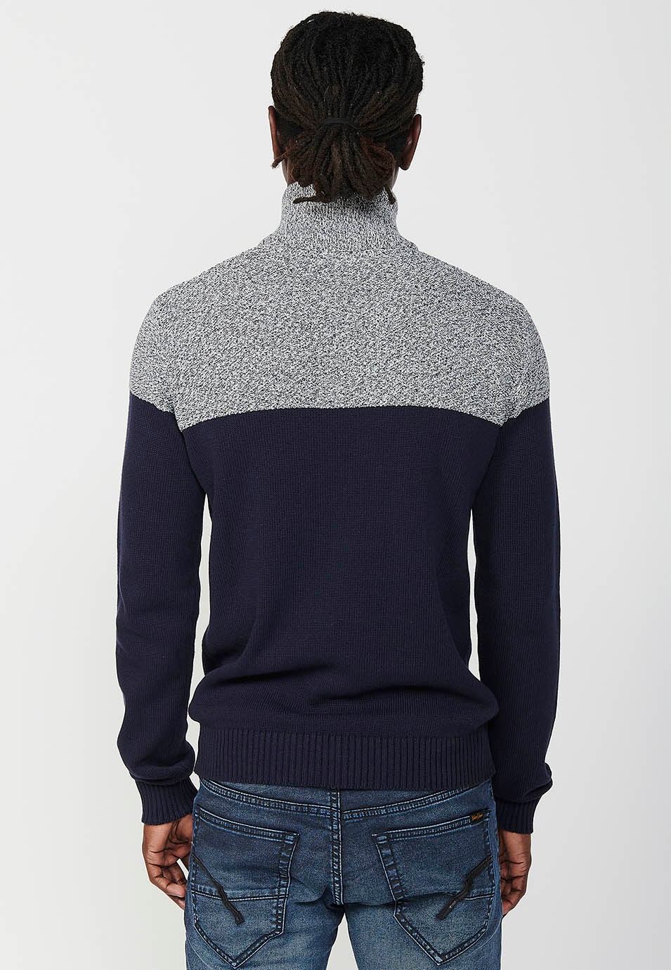 Men's navy two-tone zip-up turtleneck tricot sweater 1