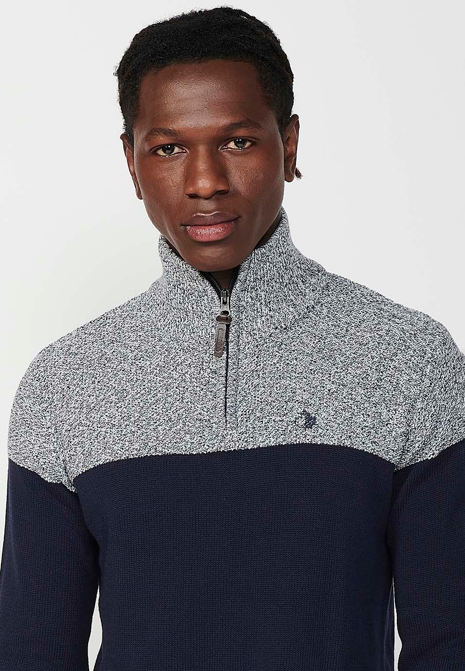 Pull en tricot à col montant et fermeture éclair bicolore pour homme en bleu marine 5