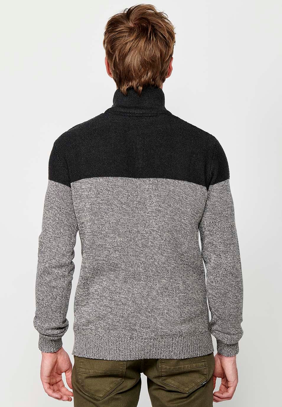 Pull en tricot à col montant et fermeture éclair bicolore pour homme en gris 3