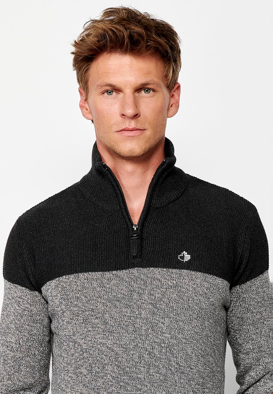 Men's grey two-tone zip-up turtleneck tricot jumper 6