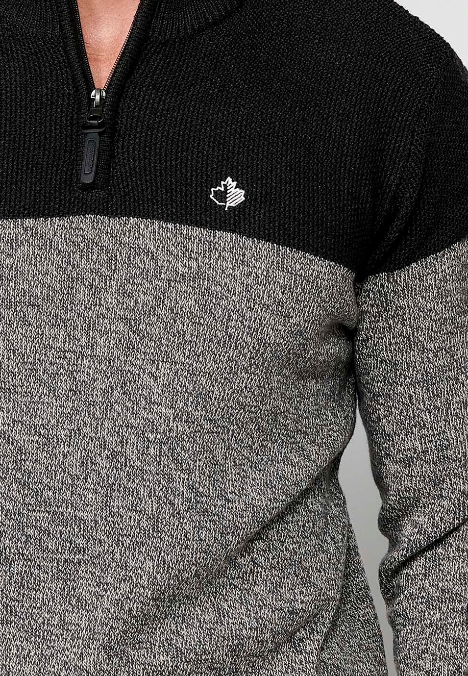 Pull en tricot à col montant et fermeture éclair bicolore pour homme en gris 4