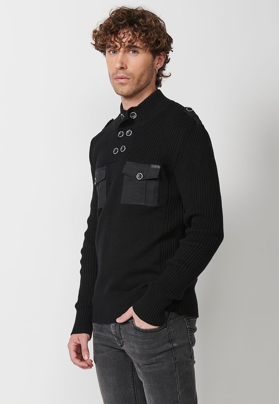 Black Men's Button-Down Turtleneck Knit Sweater with Front Patch Pockets