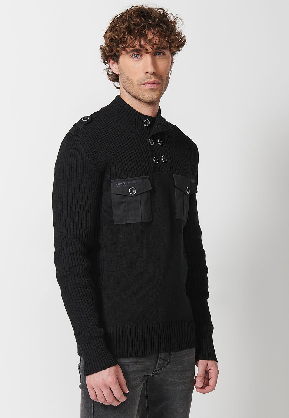 Black Men's Button-Down Turtleneck Knit Sweater with Front Patch Pockets 2