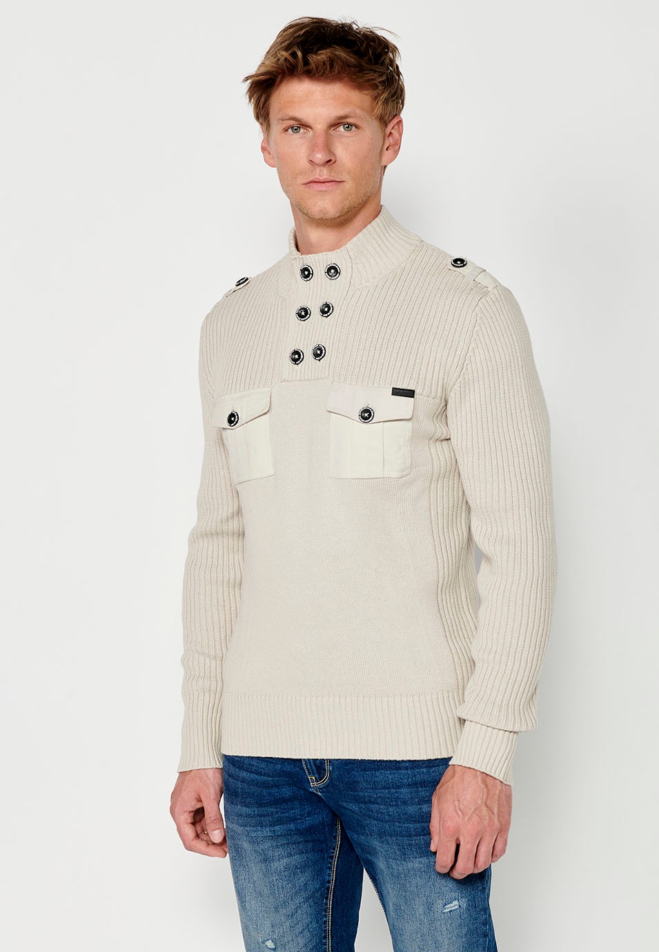 Mens button-down turtleneck knit sweater with front patch pockets in ecru