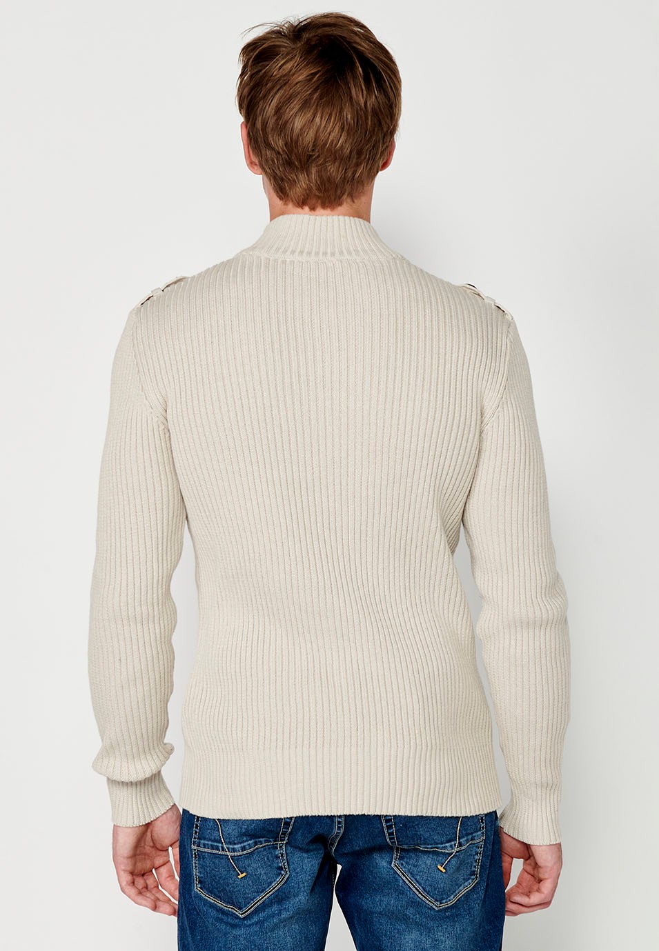 Mens button-down turtleneck knit sweater with front patch pockets in ecru 4