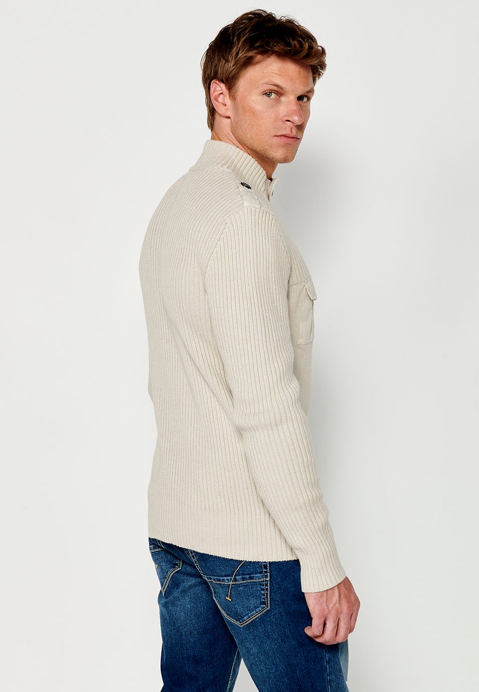 Mens button-down turtleneck knit sweater with front patch pockets in ecru 7