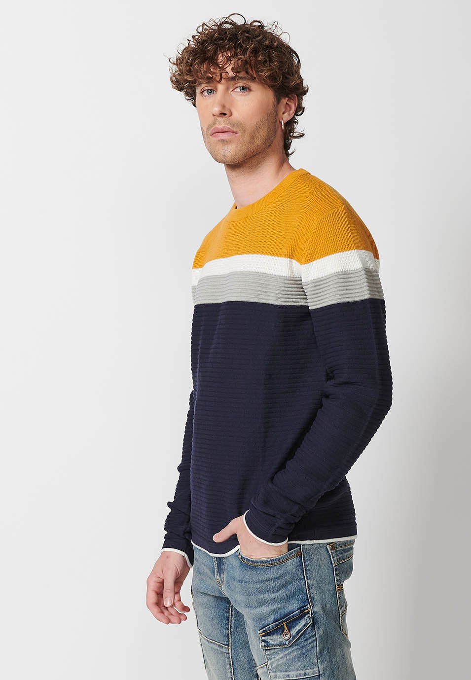 Pull homme tricot col rond rayé multicolore