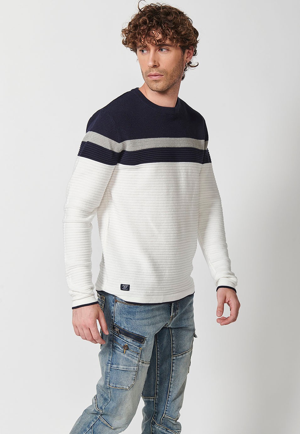 Men's multi-coloured striped crew neck tricot jumper in ecru