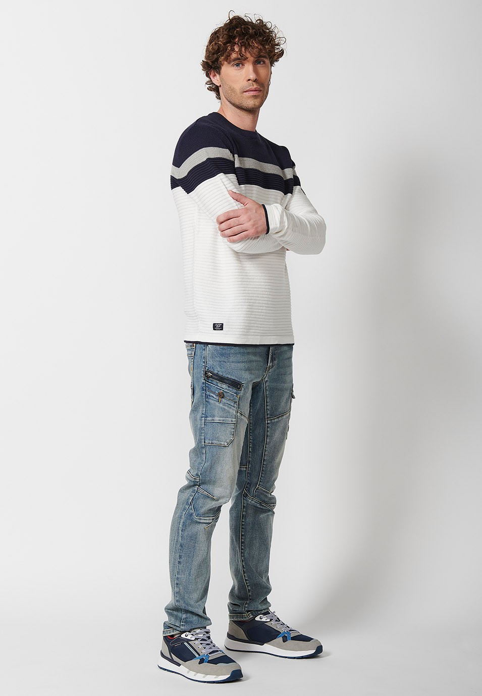 Men's multi-coloured striped crew neck tricot jumper in ecru 3