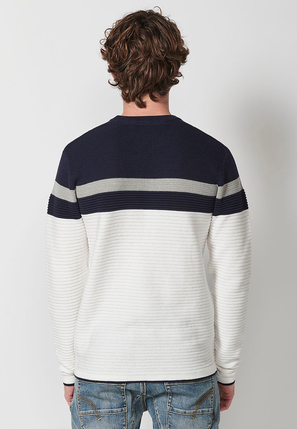 Men's multi-coloured striped crew neck tricot jumper in ecru 5