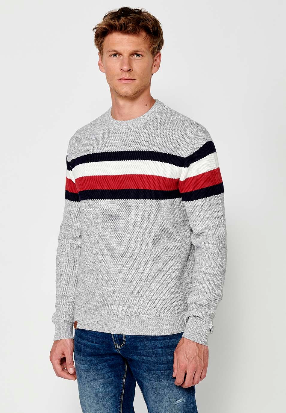 Men's Long Sleeve Cotton Crew Neck Chunky Knit Sweater with Chest Stripes in Grey