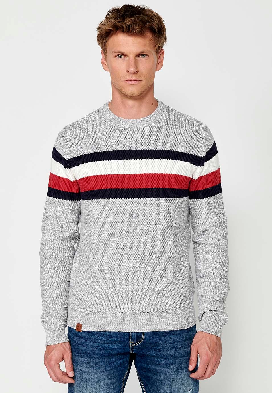 Men's Long Sleeve Cotton Crew Neck Chunky Knit Sweater with Chest Stripes in Grey 1