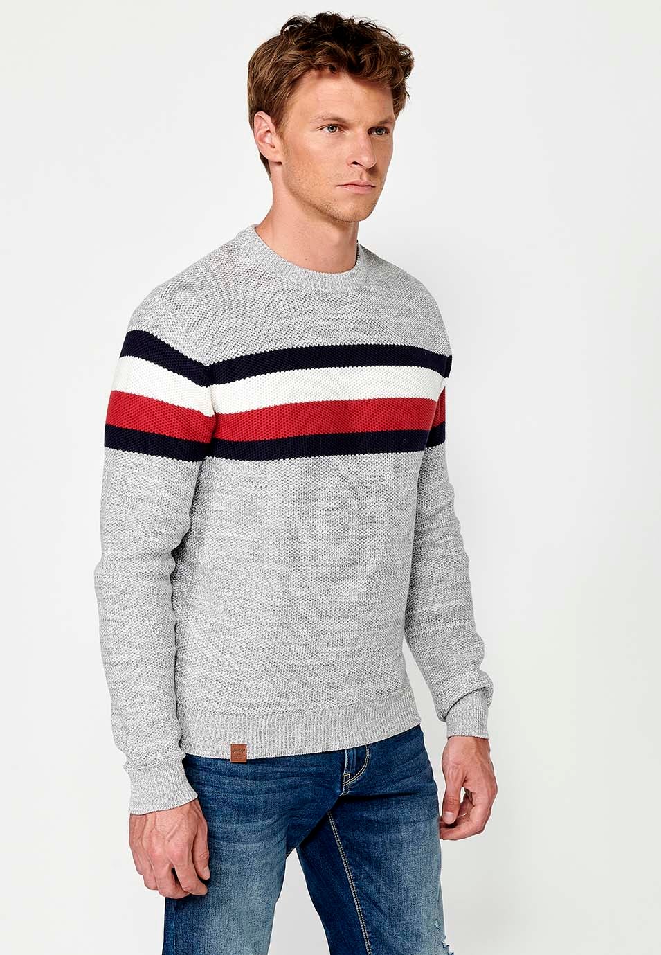 Men's Long Sleeve Cotton Crew Neck Chunky Knit Sweater with Chest Stripes in Grey 2