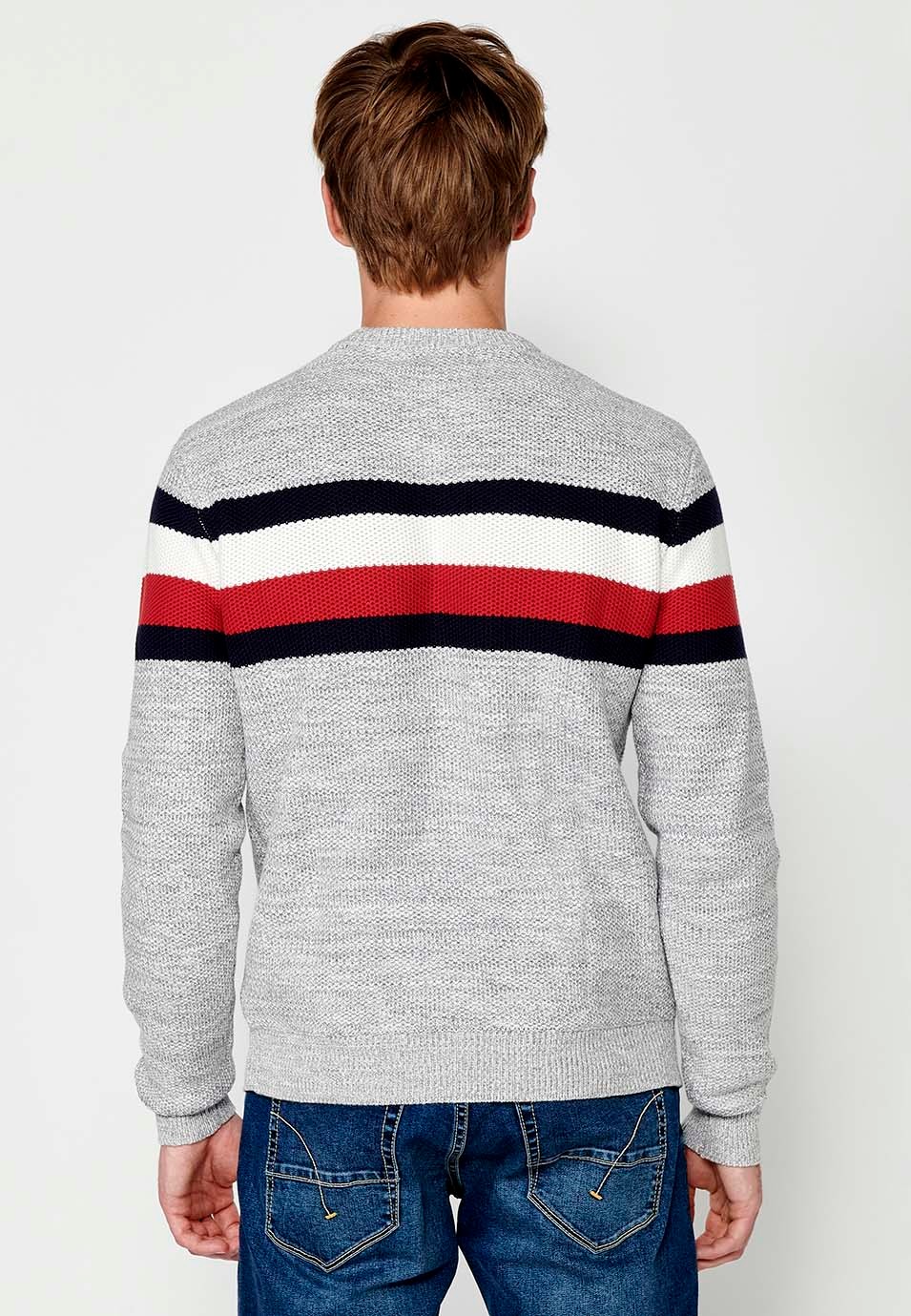 Pull en tricot de coton à manches longues et col rond en tricot épais avec rayures à hauteur de poitrine couleur gris pour homme 7