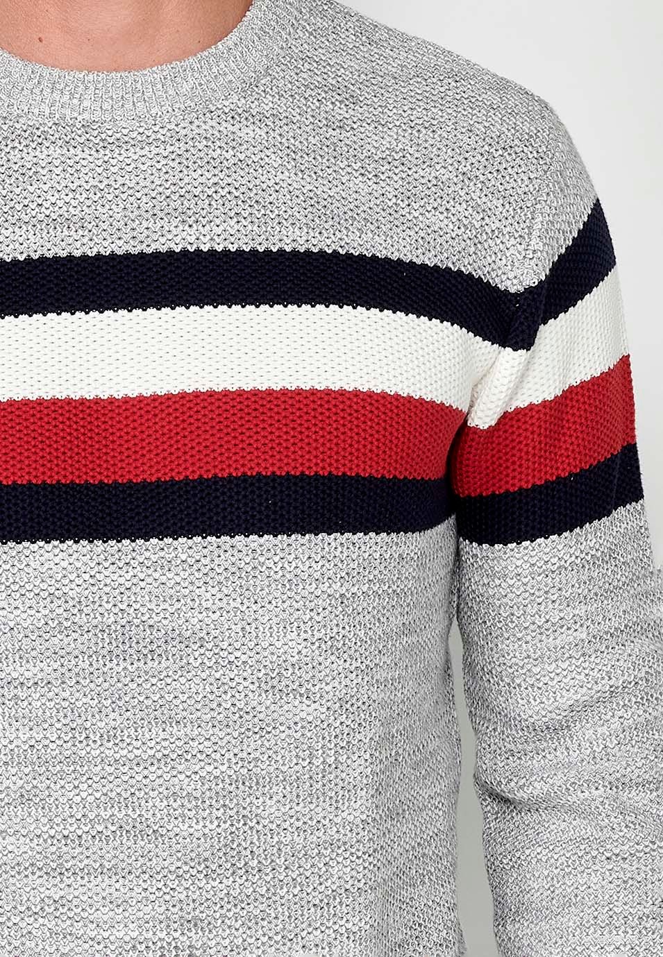 Men's Long Sleeve Cotton Crew Neck Chunky Knit Sweater with Chest Stripes in Grey 6