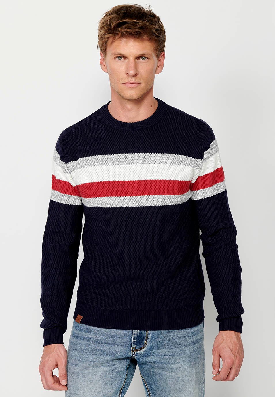 Men's Long Sleeve Cotton Crew Neck Chunky Knit Sweater with Chest Stripes in Navy