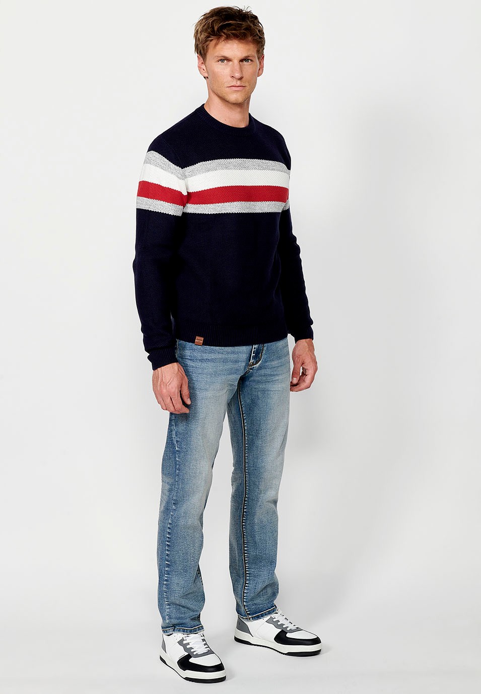 Men's Long Sleeve Cotton Crew Neck Chunky Knit Sweater with Chest Stripes in Navy 7