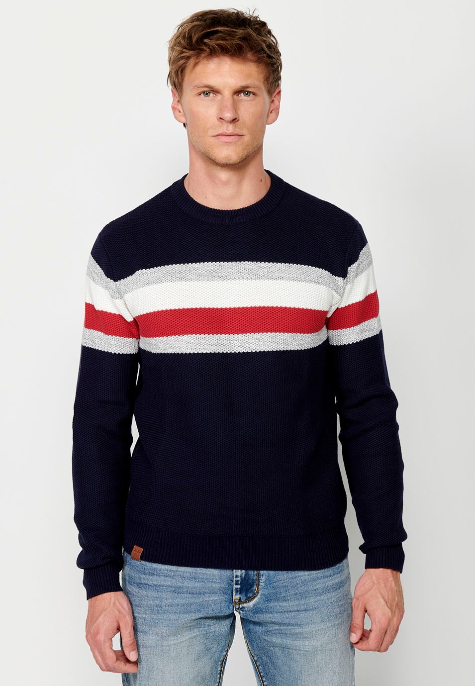 Men's Long Sleeve Cotton Crew Neck Chunky Knit Sweater with Chest Stripes in Navy 6