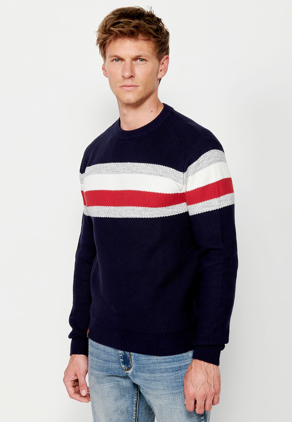 Men's Long Sleeve Cotton Crew Neck Chunky Knit Sweater with Chest Stripes in Navy 4