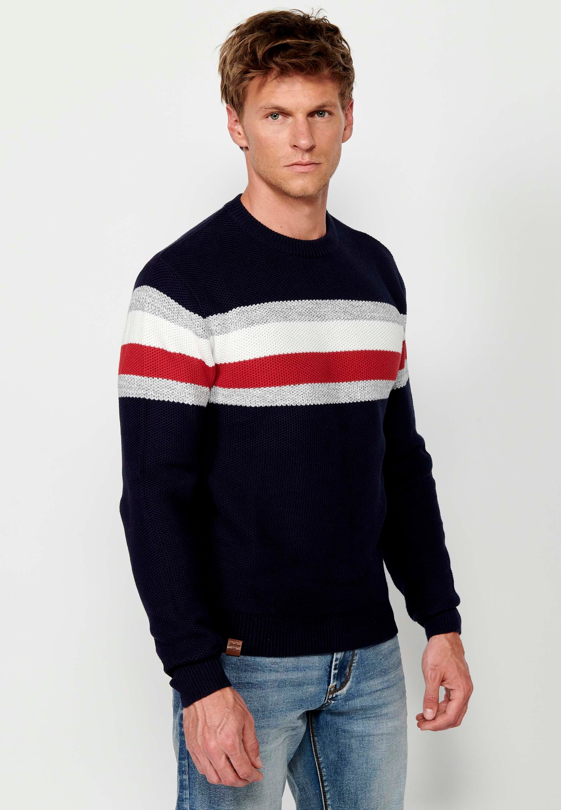 Men's Long Sleeve Cotton Crew Neck Chunky Knit Sweater with Chest Stripes in Navy 1