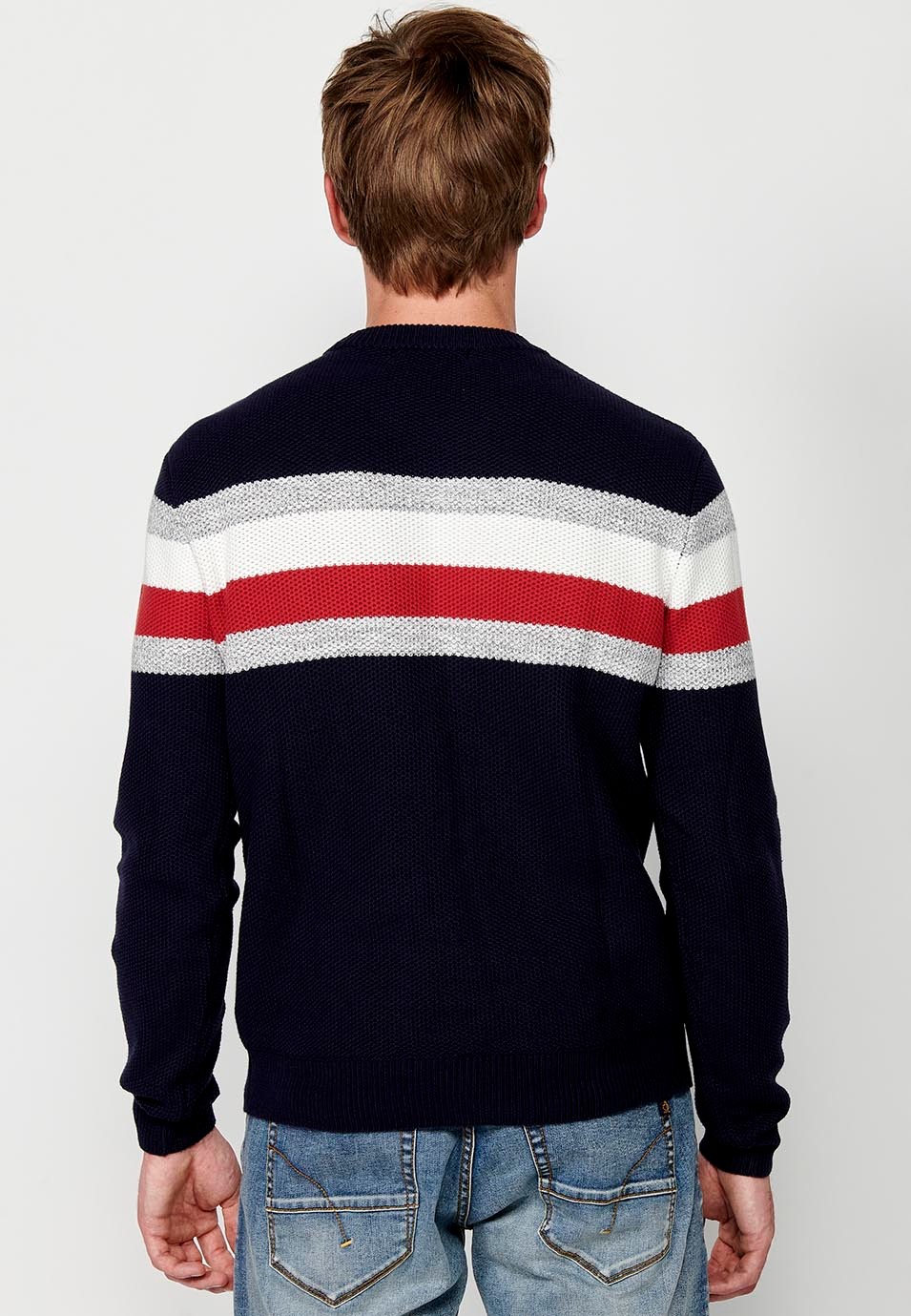 Men's Long Sleeve Cotton Crew Neck Chunky Knit Sweater with Chest Stripes in Navy 2