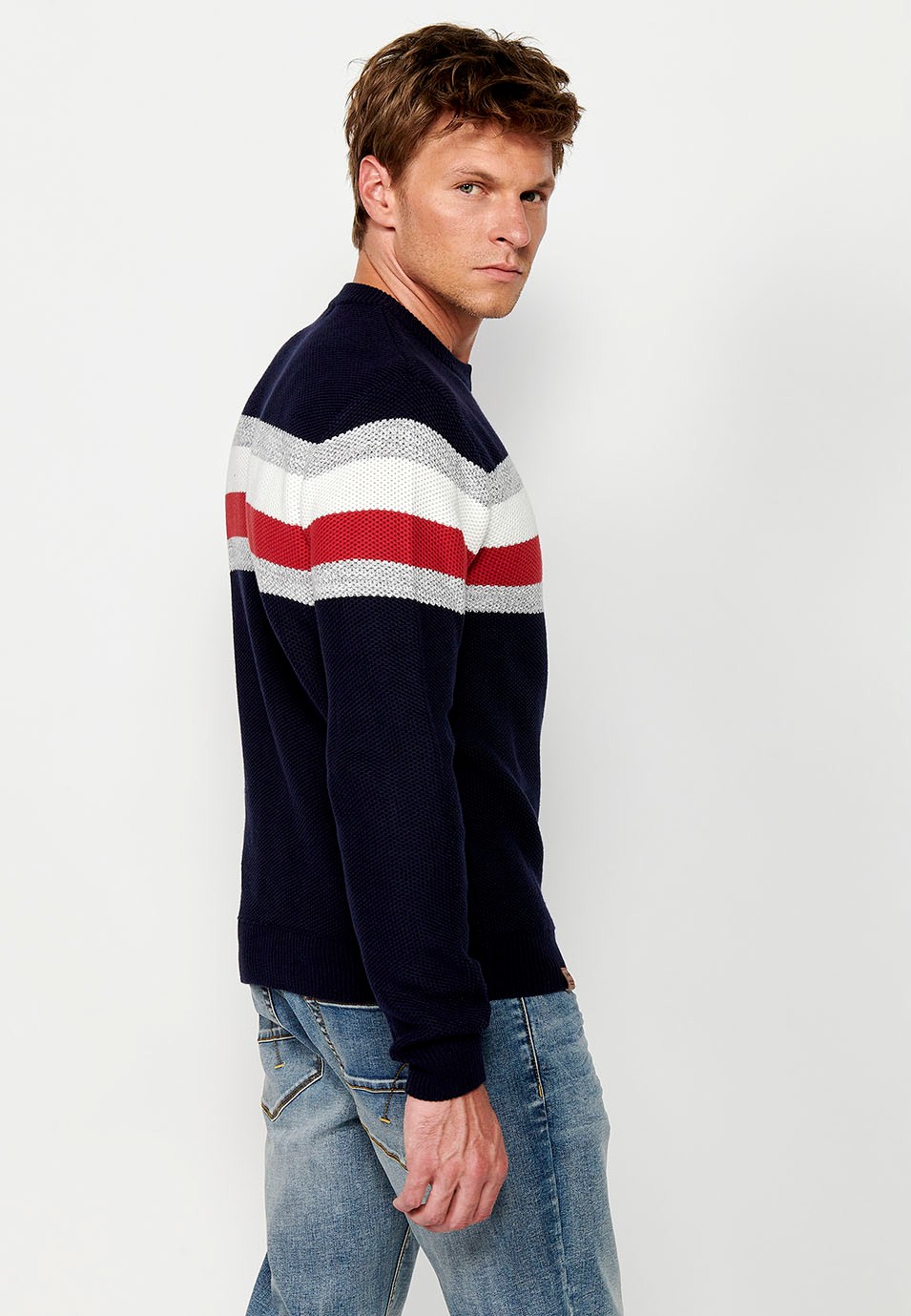 Men's Long Sleeve Cotton Crew Neck Chunky Knit Sweater with Chest Stripes in Navy 5