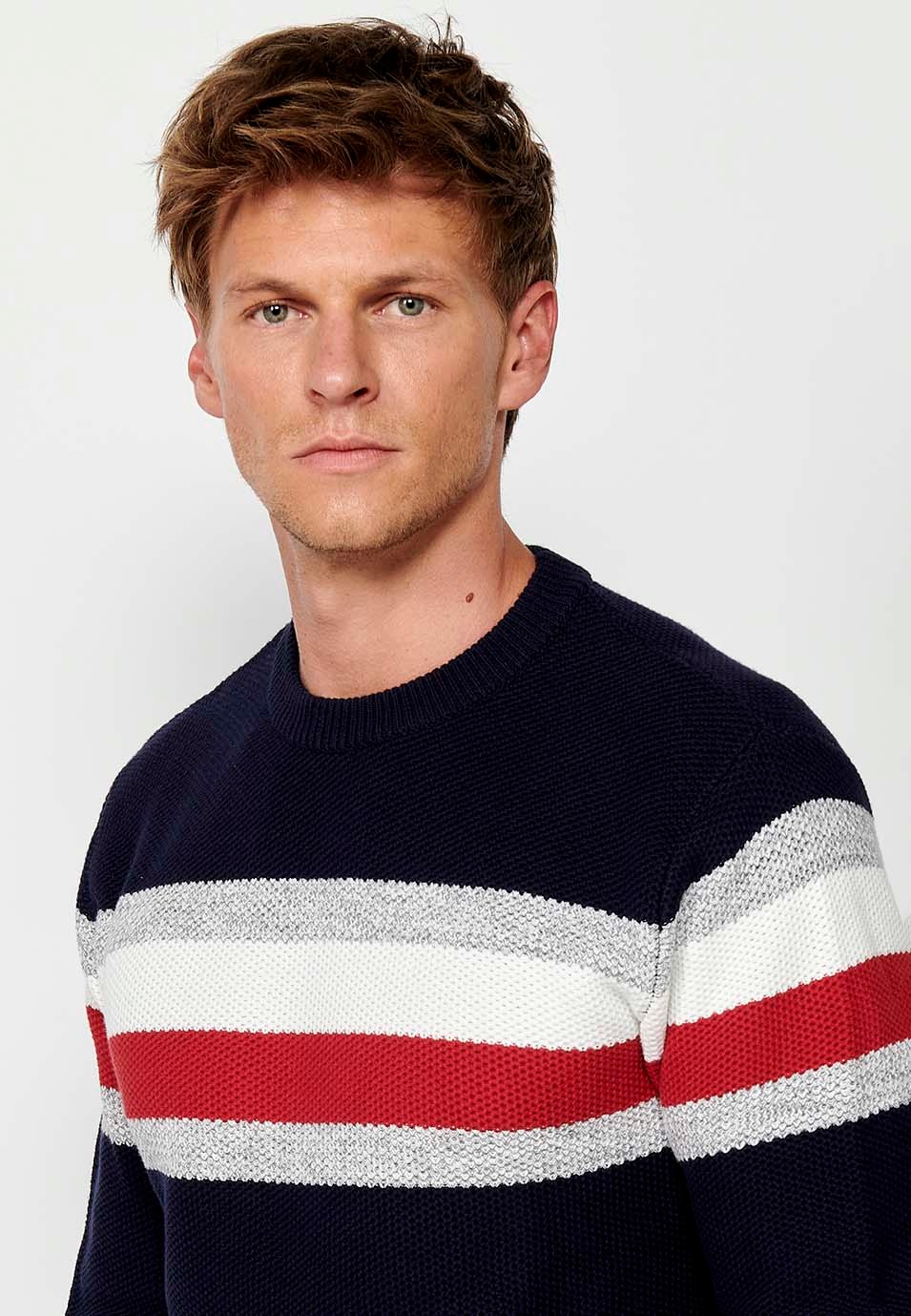 Men's Long Sleeve Cotton Crew Neck Chunky Knit Sweater with Chest Stripes in Navy 8