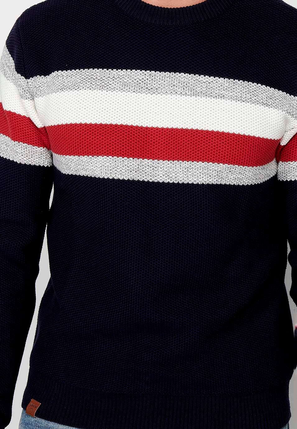 Men's Long Sleeve Cotton Crew Neck Chunky Knit Sweater with Chest Stripes in Navy 3