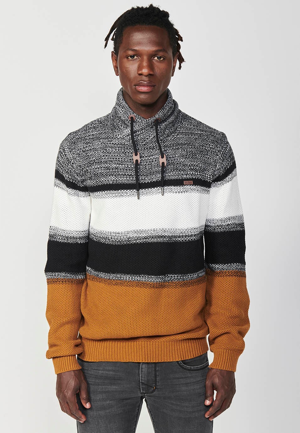 Men's Ochre Striped Adjustable Drawstring Crossover Turtleneck Knit Jumper