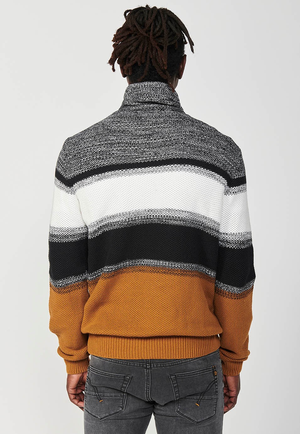 Men's Ochre Striped Adjustable Drawstring Crossover Turtleneck Knit Jumper