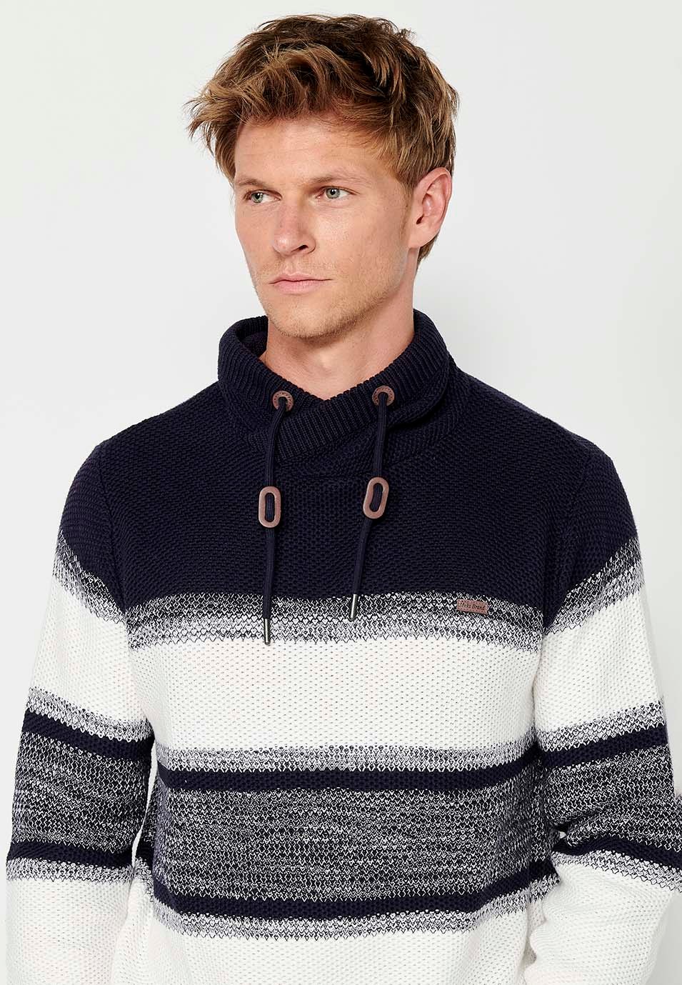 Pull en tricot à col montant croisé réglable avec cordon de serrage et rayures pour homme en bleu marine 4