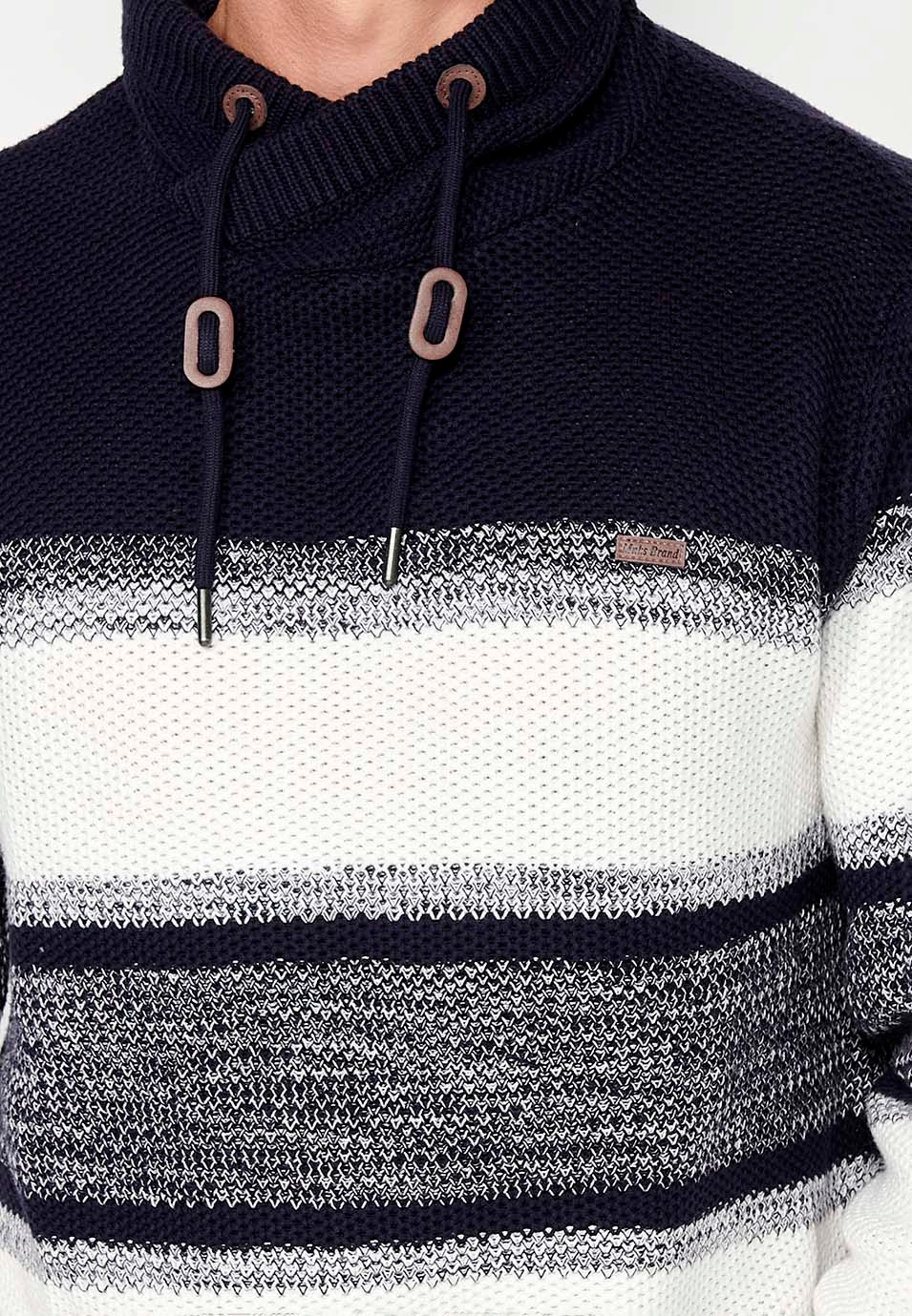 Pull en tricot à col montant croisé réglable avec cordon de serrage et rayures pour homme en bleu marine 3