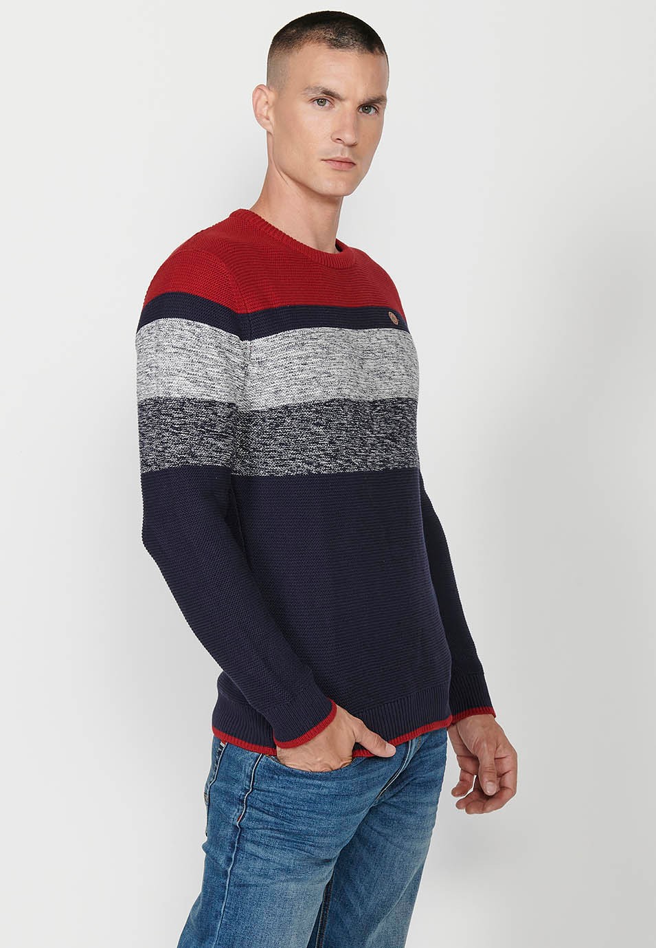 Men's Striped Crew Neck Knit Sweater in Red 3