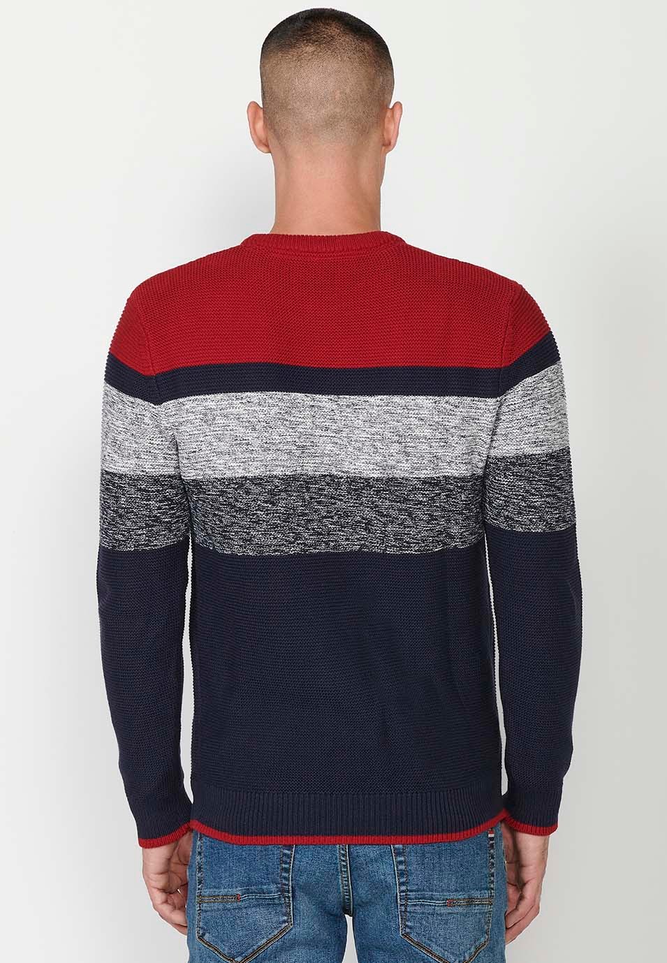 Men's Striped Crew Neck Knit Sweater in Red 2