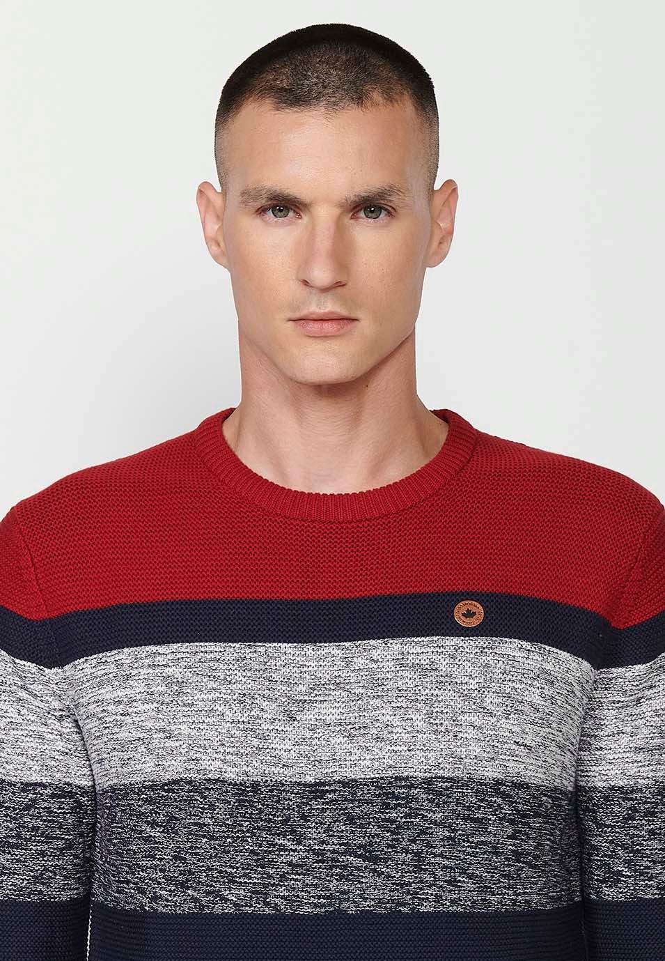 Men's Striped Crew Neck Knit Sweater in Red 5