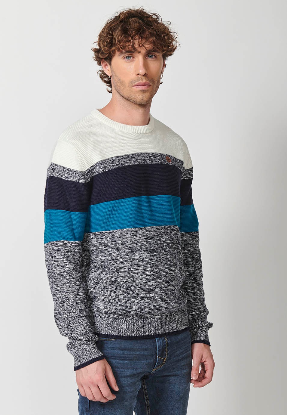 Men's striped crew neck knit jumper in ecru