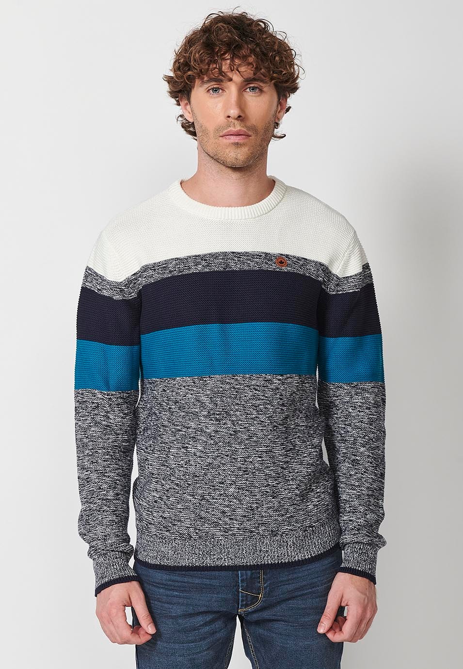 Men's striped crew neck knit jumper in ecru 1