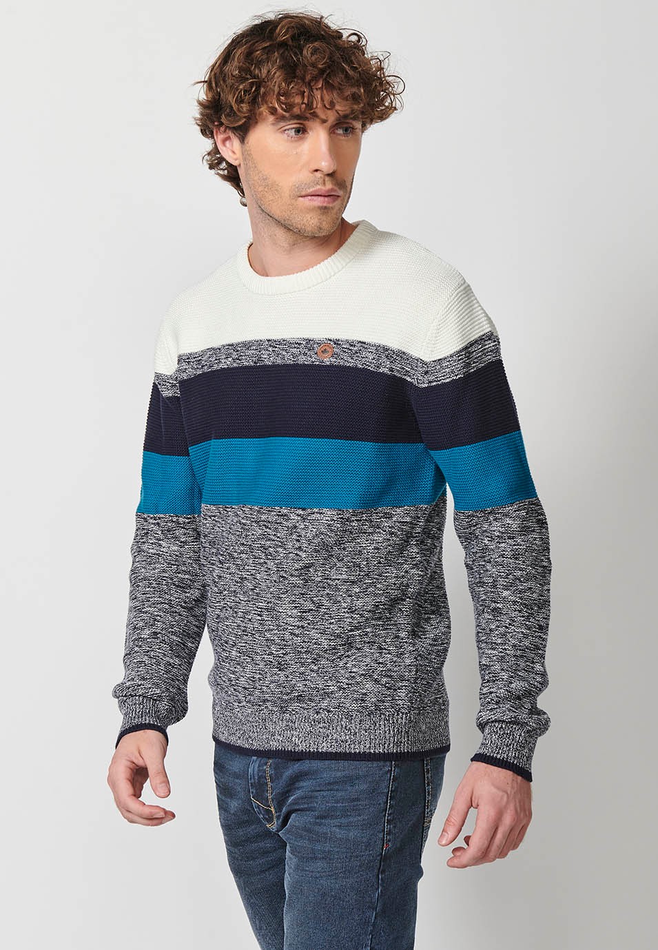 Men's striped crew neck knit jumper in ecru 3