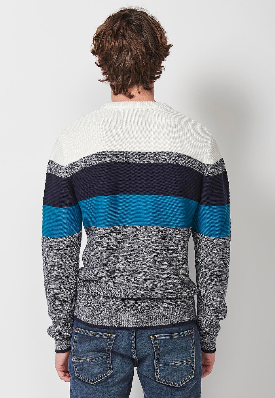 Men's striped crew neck knit jumper in ecru 6