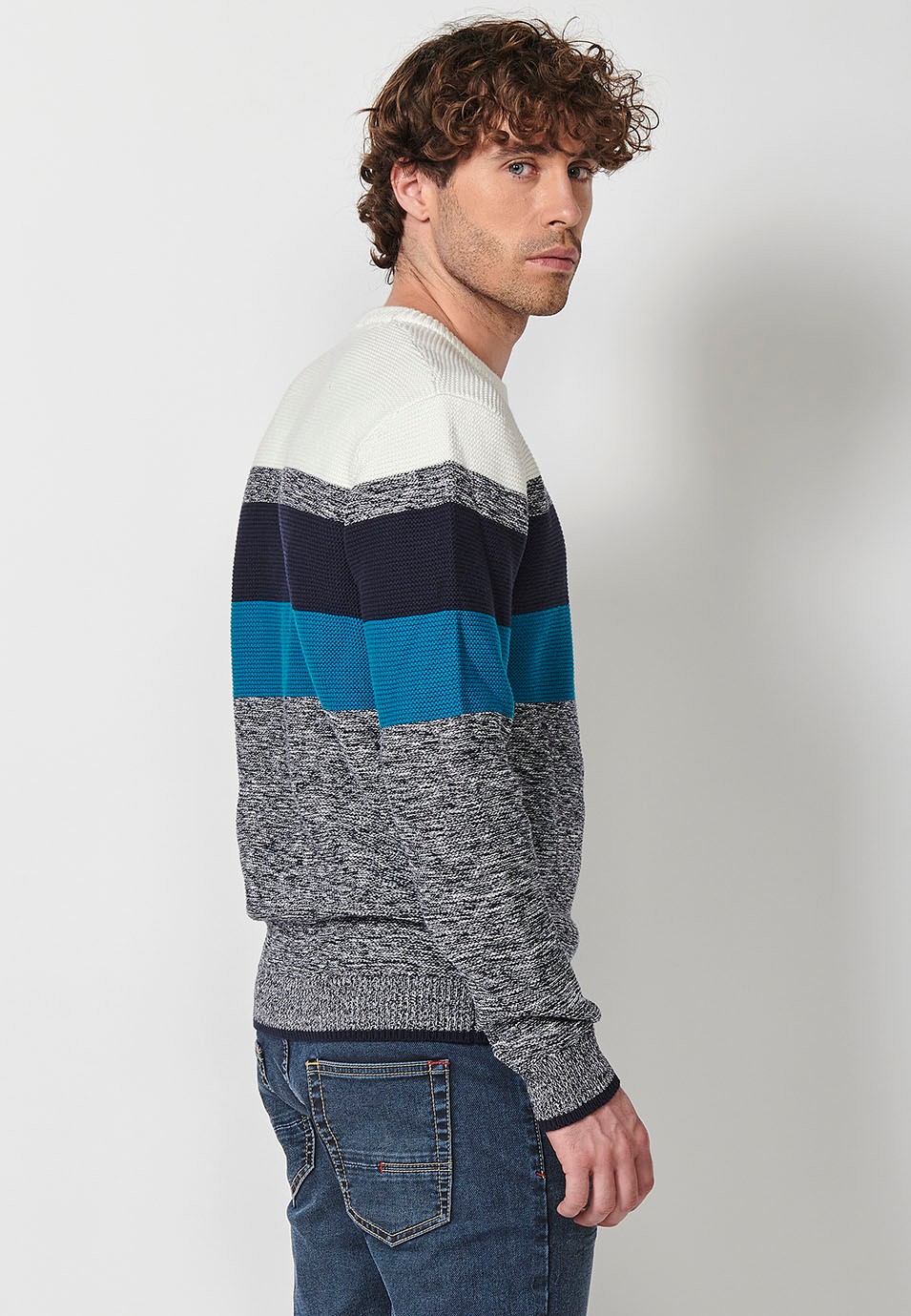 Men's striped crew neck knit jumper in ecru 2