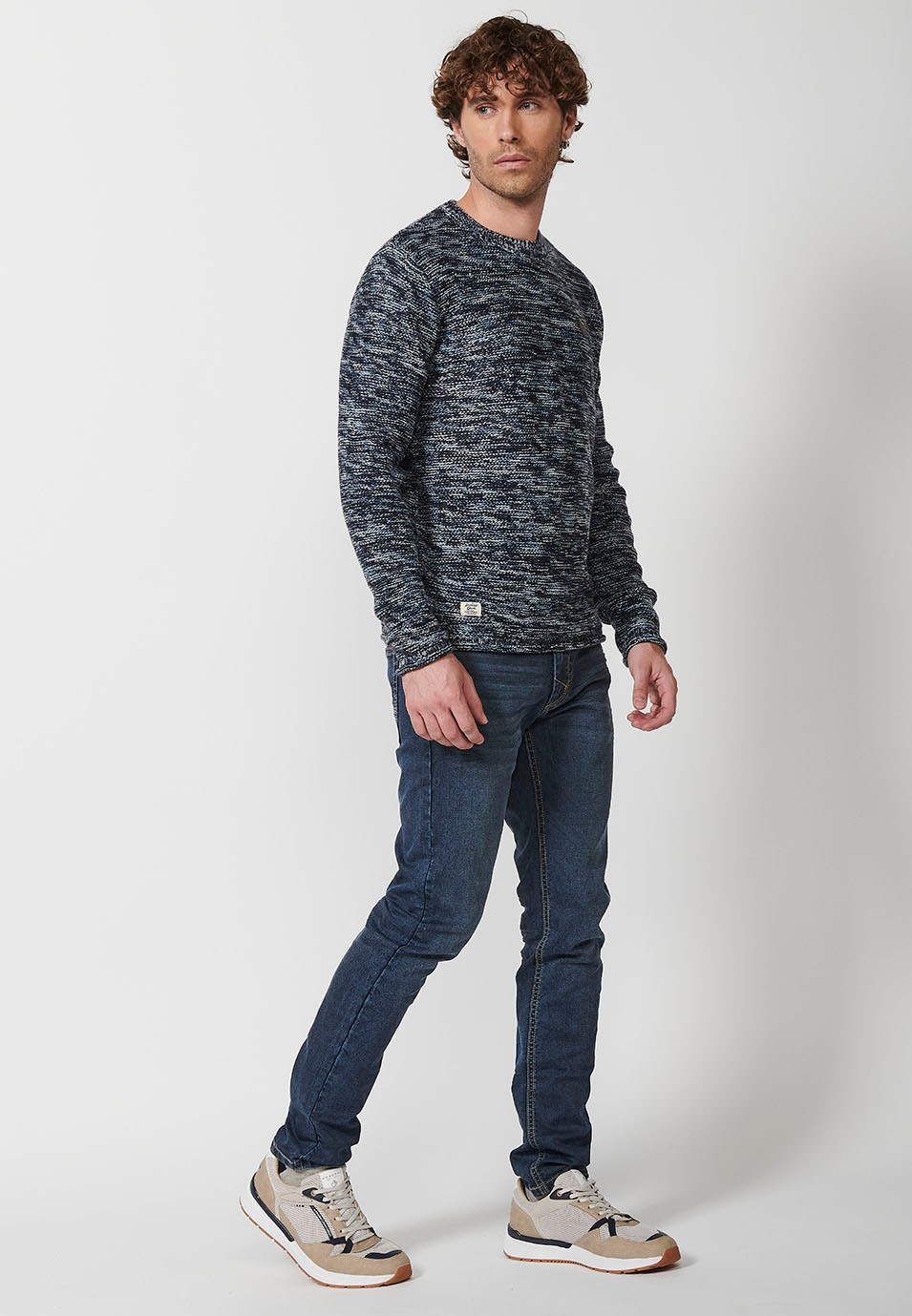 Pull col rond en tricot pour homme en bleu marine 1