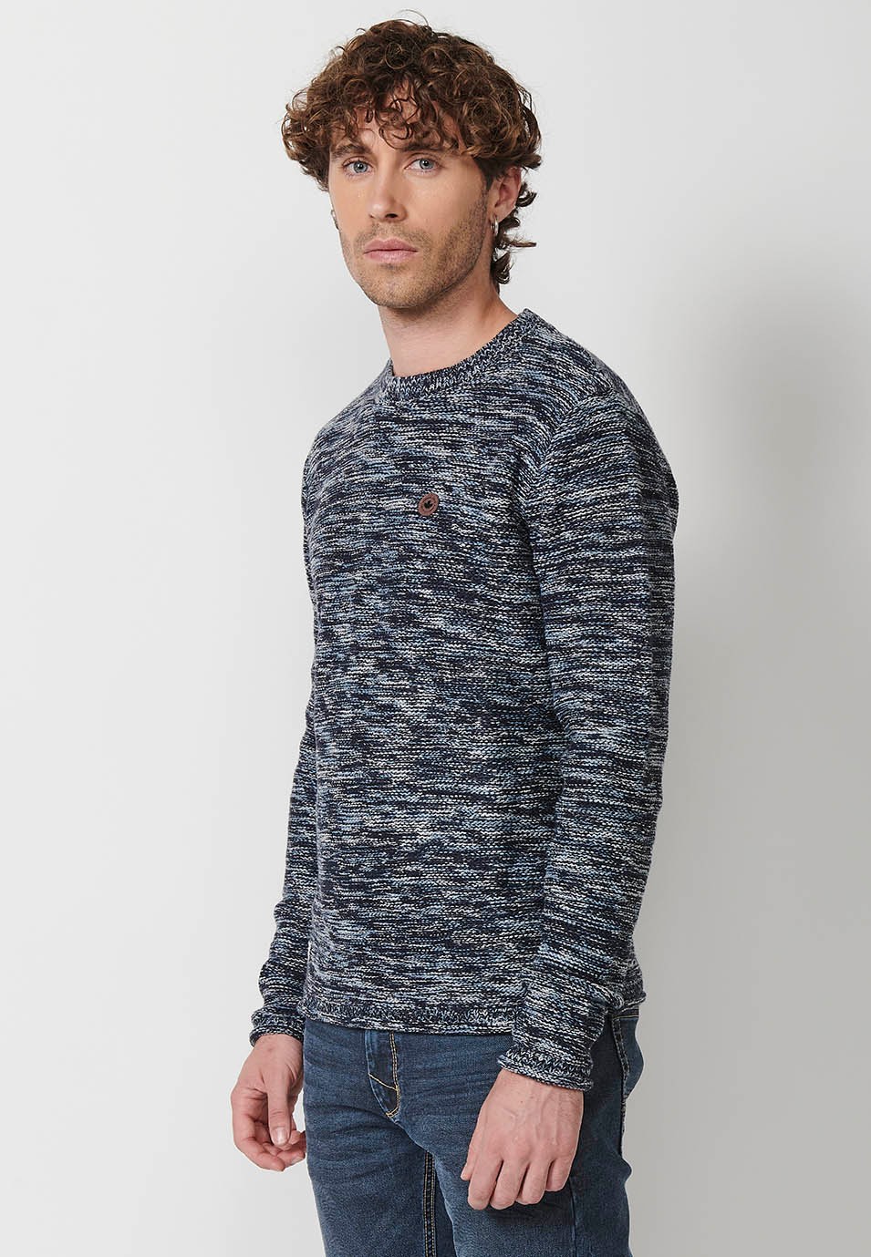 Pull col rond en tricot pour homme en bleu marine 5