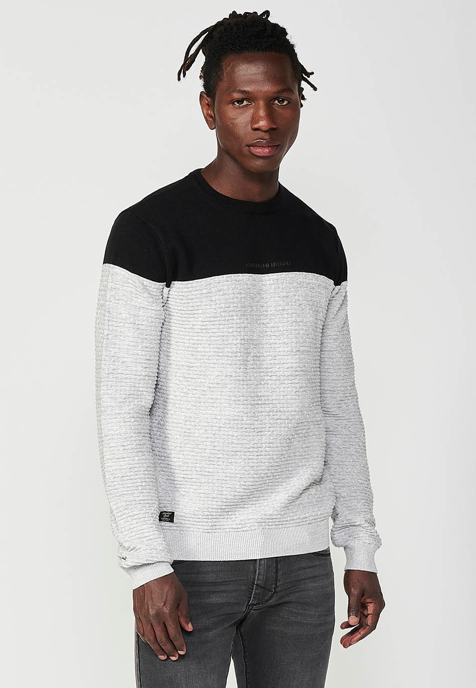 Pull en tricot à col rond bicolore pour homme en noir 2