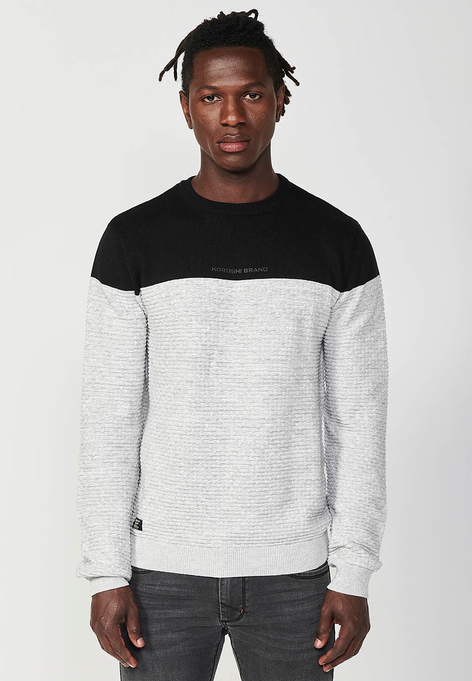 Pull en tricot à col rond bicolore pour homme en noir 4