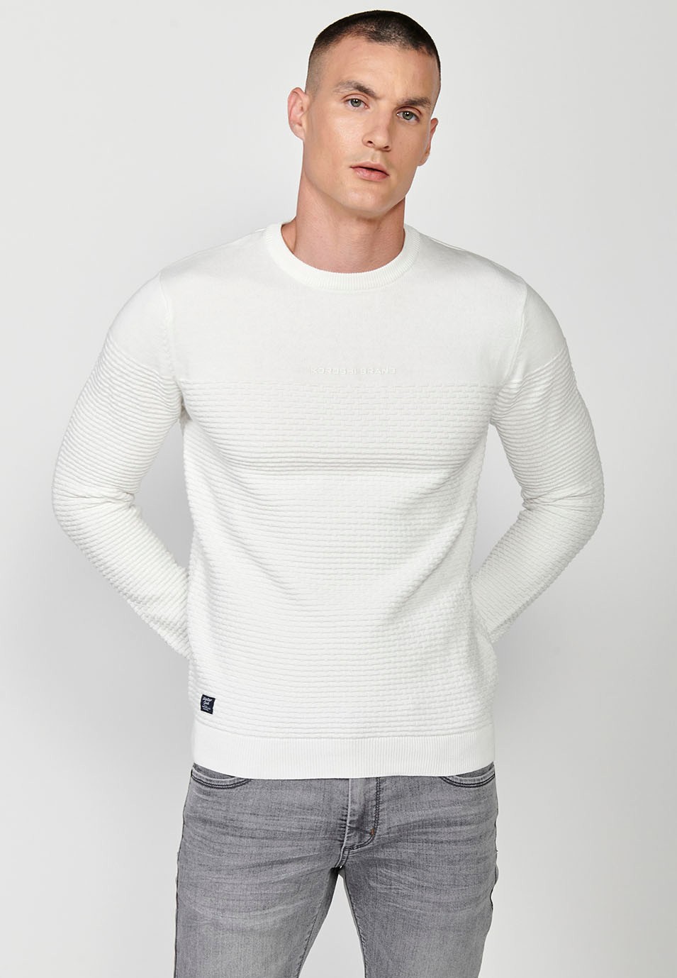 Men's ecru two-tone crew neck knit sweater